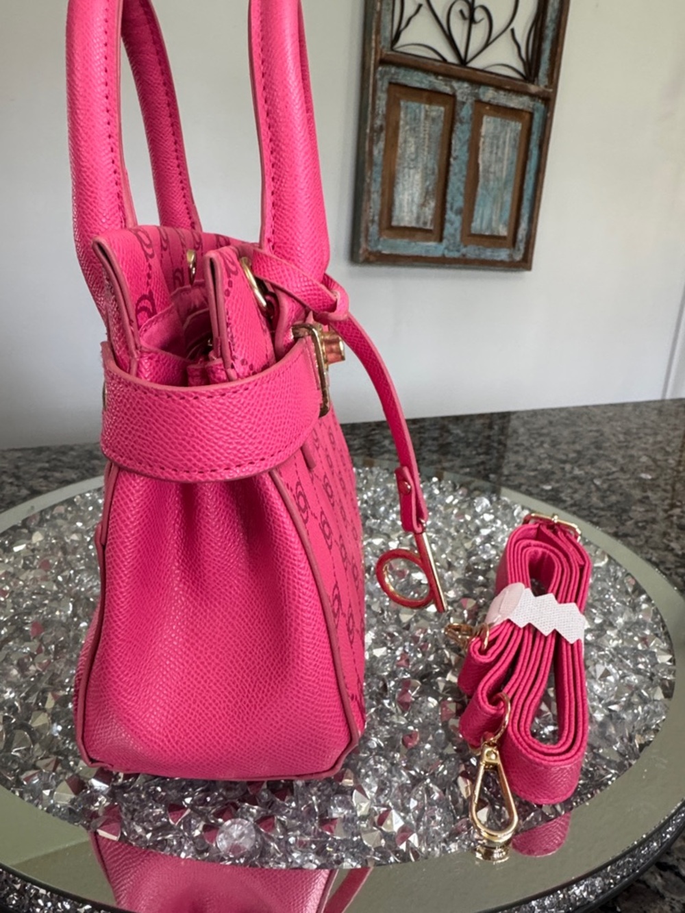 bebe Hot Pink Logo small Satchel with Gold-Tone Hardware and crossbody strap - Picture 8 of 16